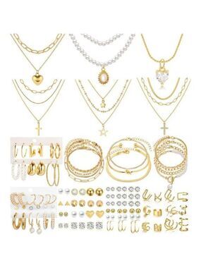 Gold Jewelry Set Women Necklace Bracelet Hoop Earrings Stud Earrings Cuff Set
